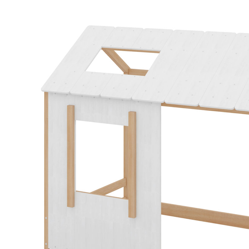 Plateforme pour lit simple avec fenêtre et toit, Blanc/naturel
