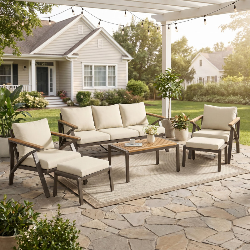 Ensemble de 6 meubles de patio extérieur, ensemble de canapé à structure en acier avec table basse, ensemble de conversation pour terrasse, jardin, bord de piscine