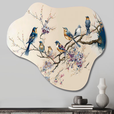 Multicolor Birds On Plum Blossoms Tree XI - Cloud Bird Metal Wall Art, Asymmetrical Metal Wall Sculpture Print