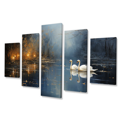 «White Swans» Harmony Moonlight Pond IV - Ensemble d'art mural multi-panneaux Swans