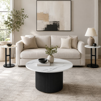 3-Piece Modern Round Coffee Table Set with Faux Marble Tops and Black Metal Bases