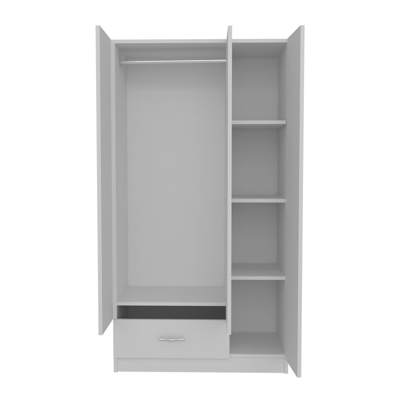 Modern White Wardrobe with 1 Drawer & Multiple Shelves, 35.4 x 66.9 x 15.7 inches | 100% Melamine Coated Particle Board, Thickness: 0.7 inches | Wall-Mountable Design, Perfect for Organizing Clothes & Accessories in Any Bedroom or Closet