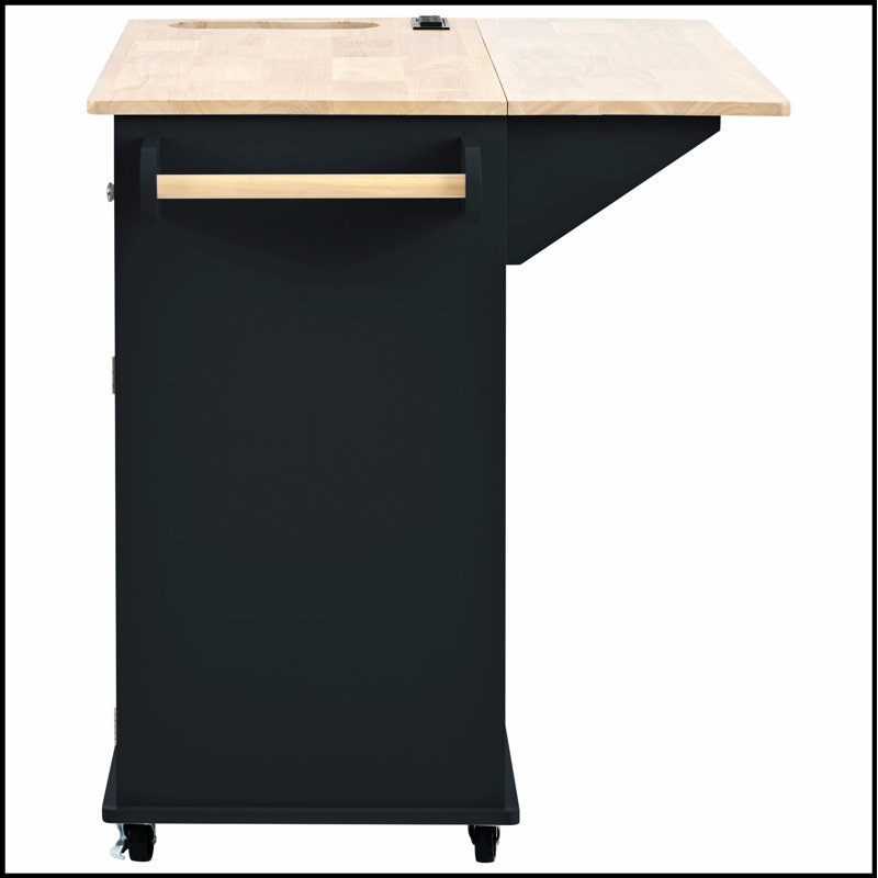 Kitchen Island with Power Outlet, Storage, and Drop Leaf in Rubber Wood for Efficient Organization, Black
