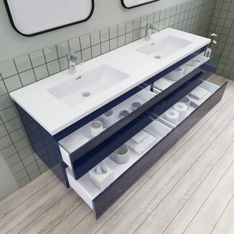 Alcester 71'' Double Bathroom Vanity with Resin Top, Gloss Blue