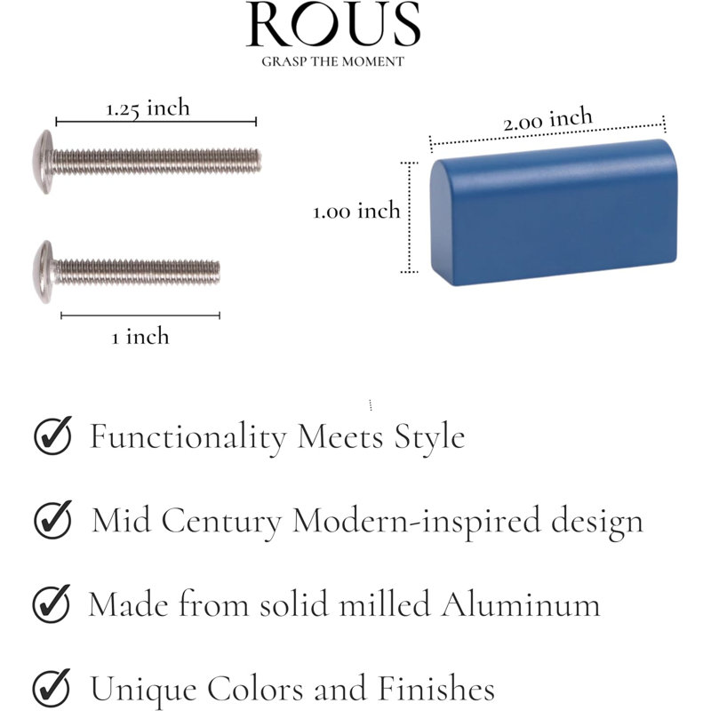 Armoire et bouton de tiroir rectangulaire en aluminium ROUS Hardware, Mid-Century Modern, Polo (bleu marine)