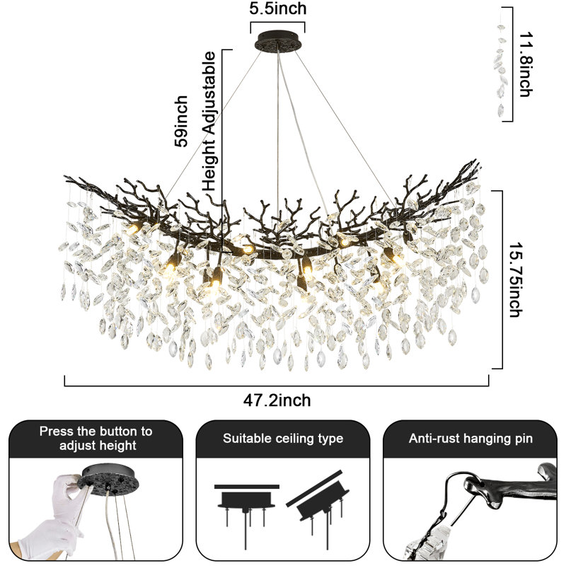 Tree Branch Crystal Chandelier Lighting, Black/White, 14, 15.7" H x 47.2" W x 15.7" D