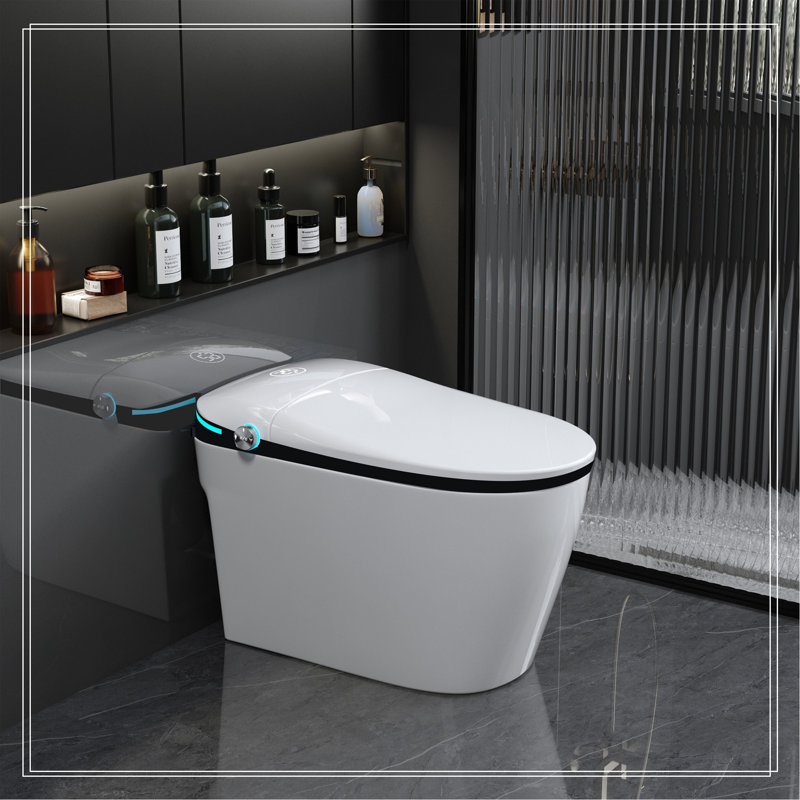 Toilette intelligente de luxe avec siège de bidet intégré, siège de toilette ouvert / fermé intelligent, capteur de pied, affichage à DEL, veilleuse, eau chaude et sécheuse, blanc