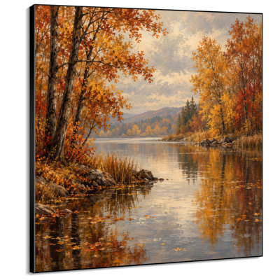 Impression sur tissu grand format - Lac d'automne lumineux avec orangers et reflets pour salon ou chambre - « Assemblage du cadre requis (cadre non fini) »