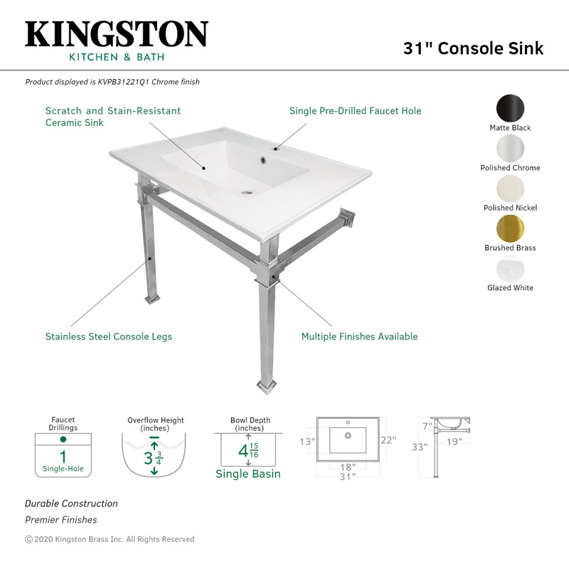 Kingston Brass Monarch 31-Inch Ceramic Console Sink with Stainless Steel Legs (1-Hole), White/Brushed Brass