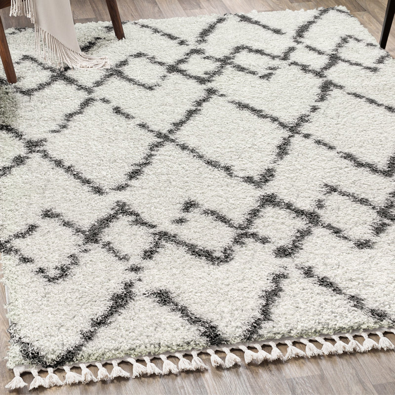 Cantera Shag Plush Tassel Moroccan Tribal Geometric Trellis Ivory/Gray Rug, Rectangle 3'1" x 5'