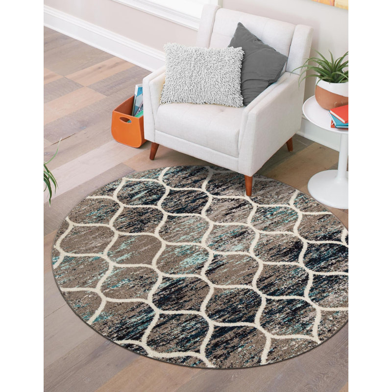 Llanet Geometric Area Rug, Round 4'1", Multi Blue