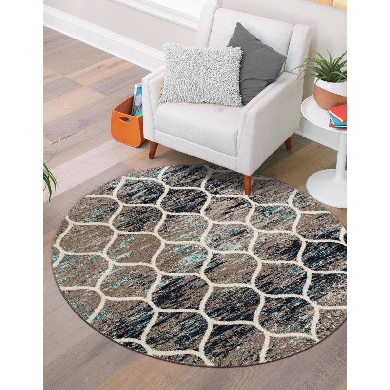 Tapis géométrique Llanet, Rond 5 pi 3 po, Bleu multicolore