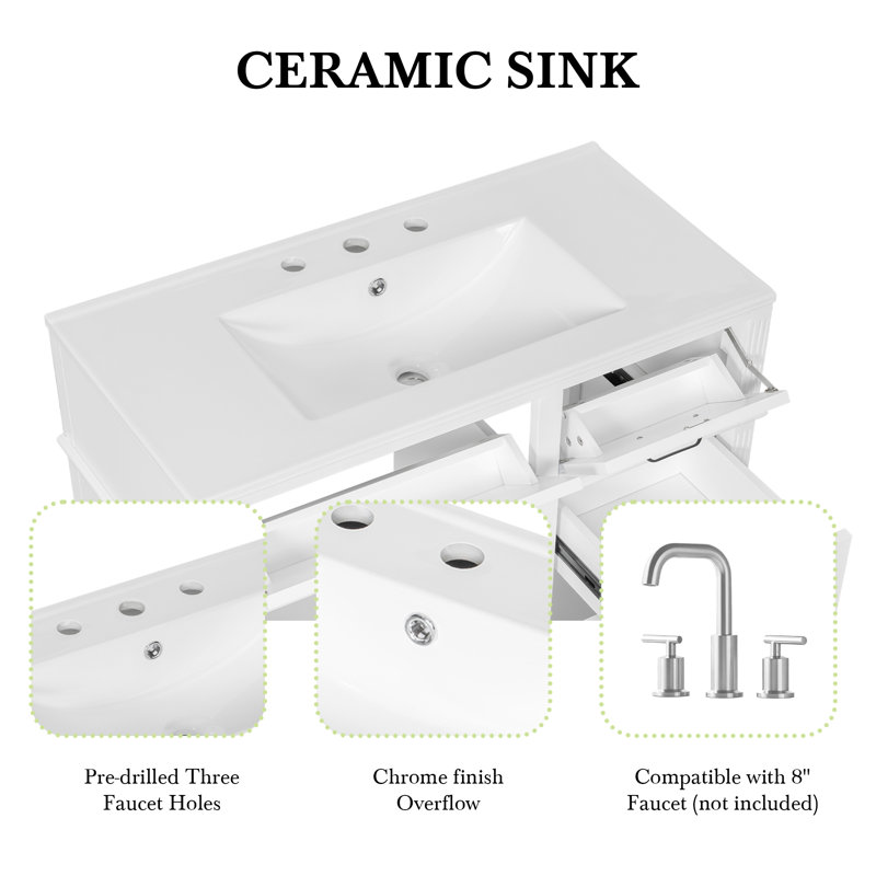 36-Inch Bathroom Vanity With Ceramic Sink Top,White (Faucet Not Included), White
