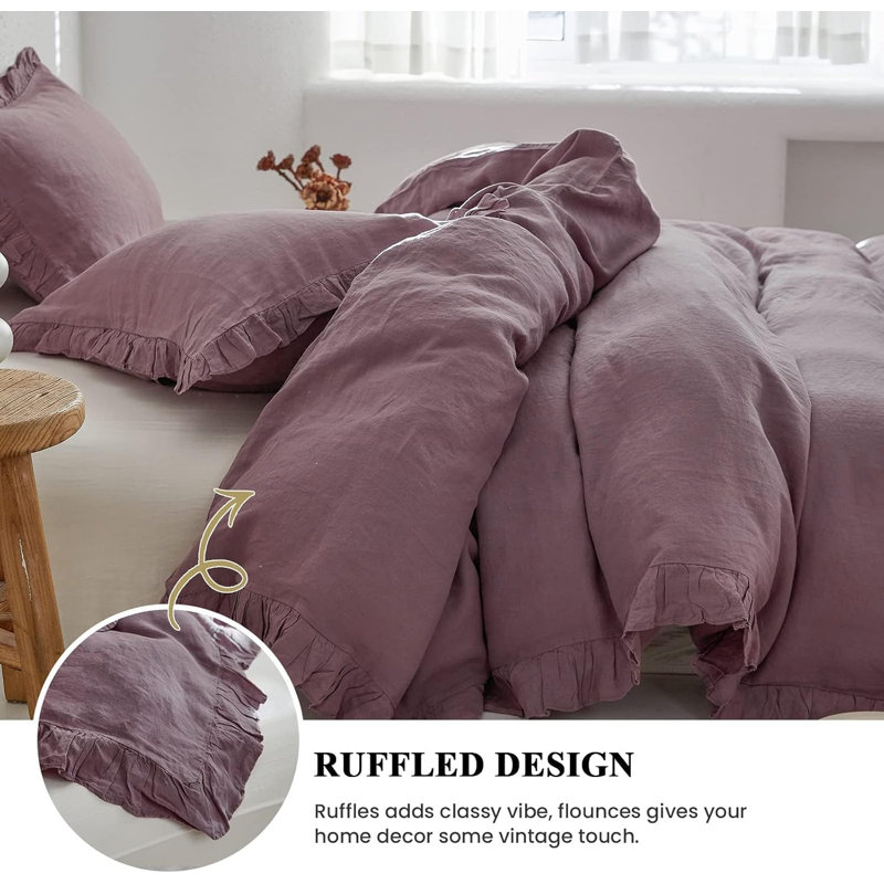 Ensemble de housse de couette 100% lin, Housse de couette pour très grand lit + 2 taies d, Mauve