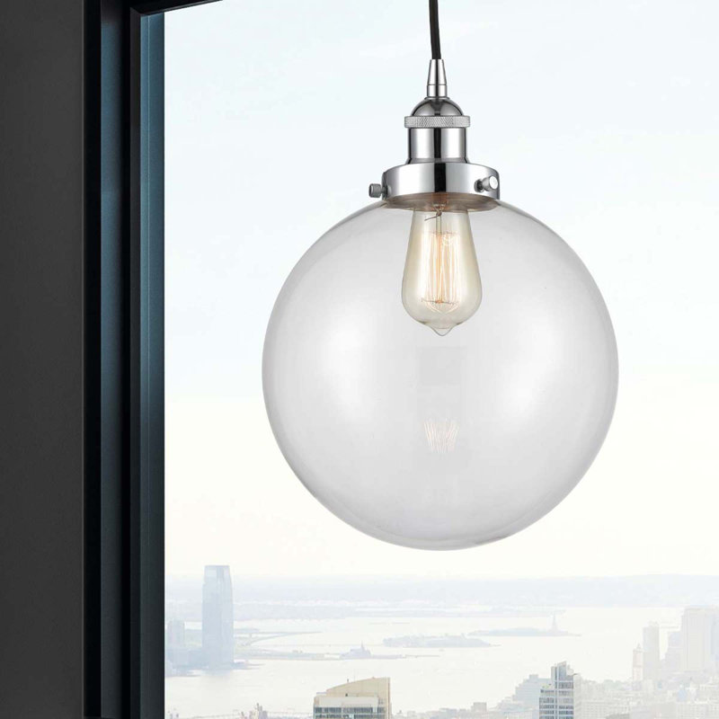 Luminaire suspendu sphère 1 lumière Frederick, Transparent, Chrome poli