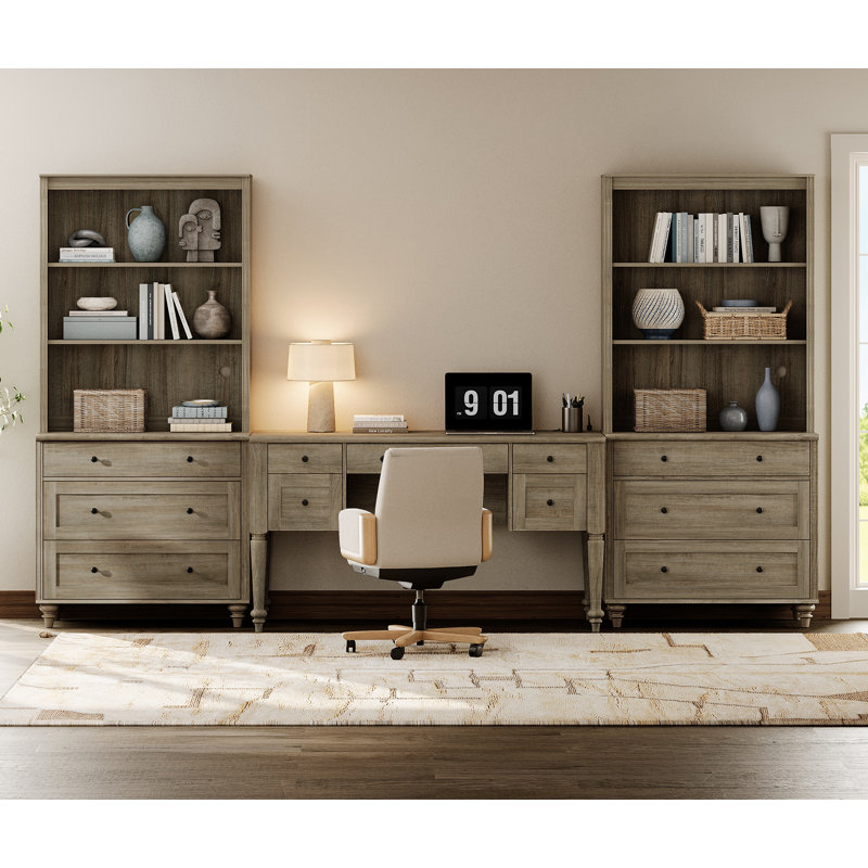 2 - Piece Office Set, 56" Executive Desk & Set Of 2 Bookcases With Drawers, Wash Grey