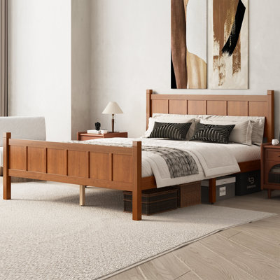 Grand lit à panneau plat avec tête et pied de lit, lit plateforme minimaliste moderne avec finition grain de bois, style Shaker et style campagnard, mobilier de chambre élégant et fonctionnel, noyer clair
