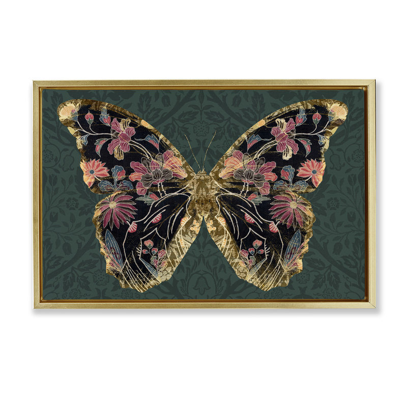 Toile flottante encadrée à motif de papillons ornés par Victoria Barnes, Cadre flottant métallique doré, H 21 po x l 31 po