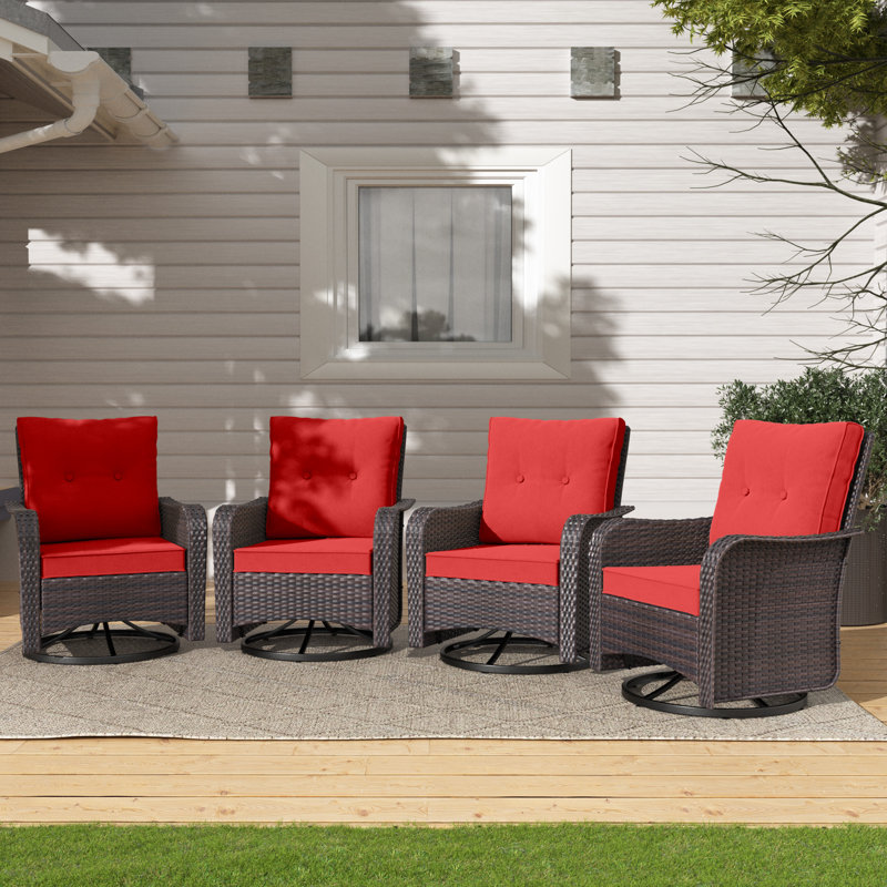 4 chaises de patio pivotantes en rotin avec coussins Ilijah, Rouge