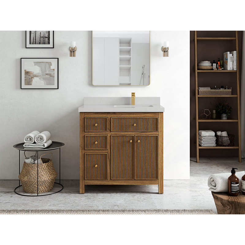 36'' Teak Single Bathroom Vanity with Quartz Top