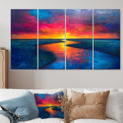Coucher de soleil jaune sur une rivière bleue, art mural 4 pièces