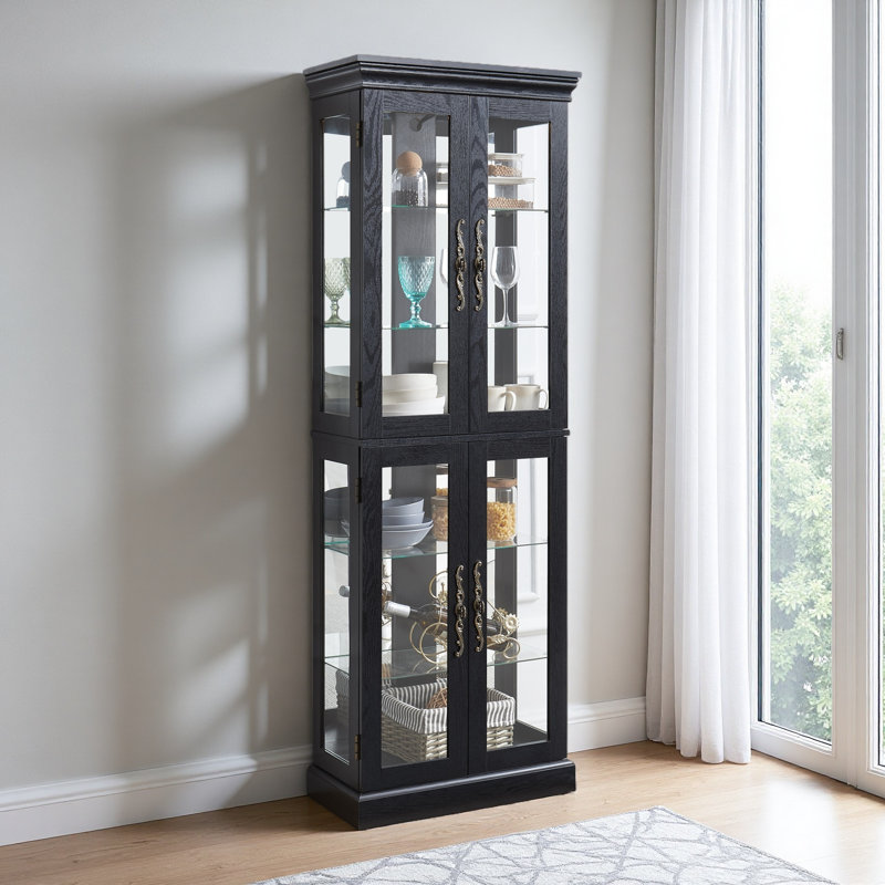 Elegant Lighted Glass Curio Display Cabinet - Wooden Frame Storage For Living Room, Kitchen & Pantry - Includes Light Bulb
