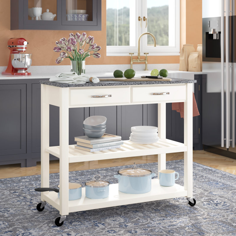Îlot de cuisine 43 po avec plateau en granite et roues verrouillables Timmy, Blanc