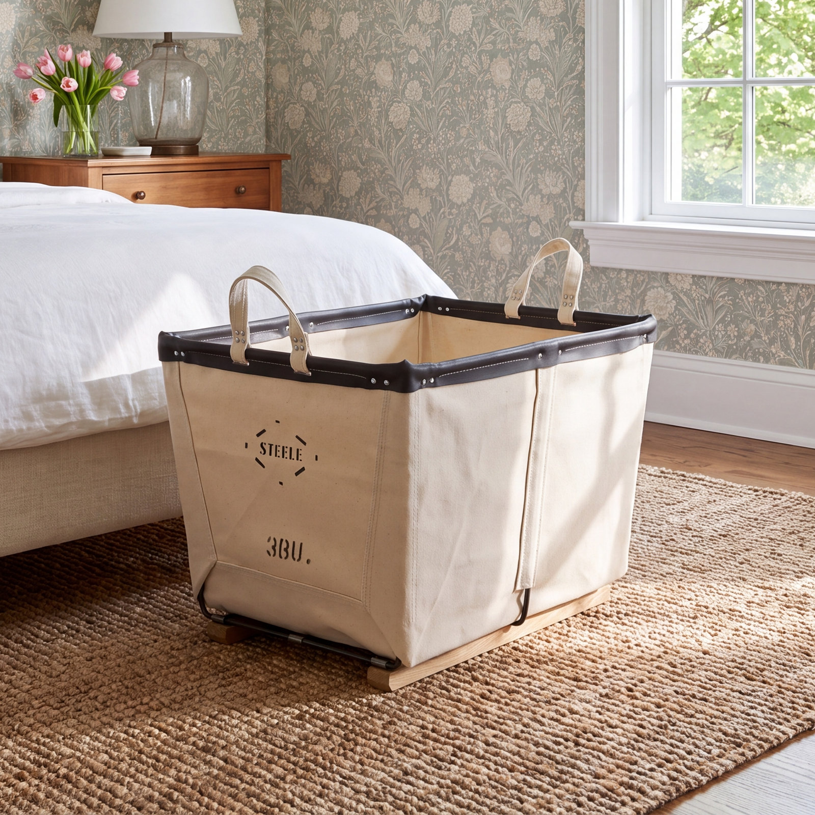 Canvas Small Carry Basket 3bu, Wood Runners, Black Leather