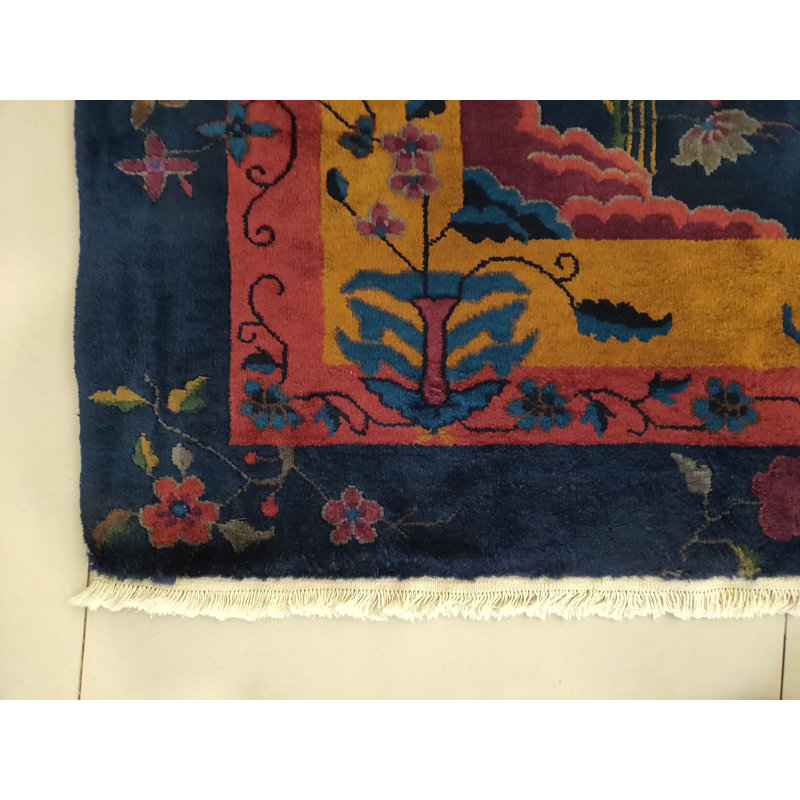 Rectangle Wool Blue Hand Knotted Pile Floral Antique 1920s Rug