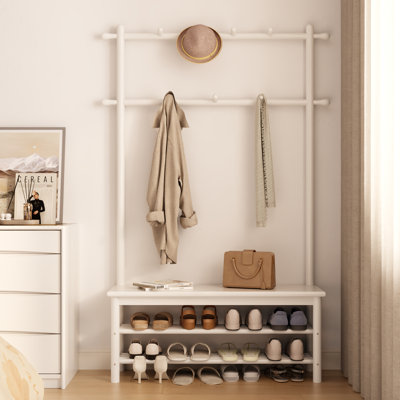 Arbre d'entrée en bois massif avec banc et rangement pour chaussures, rangement pour hall d'entrée avec 11 crochets et étagère à chaussures à deux niveaux pour vestibule ou couloir