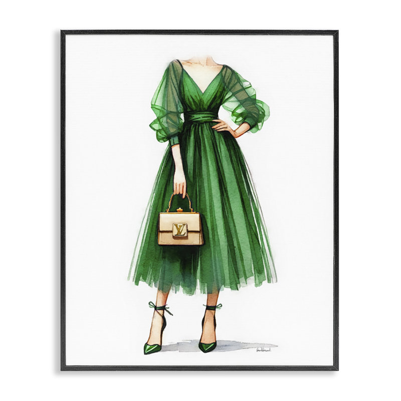 «Green Gown Fashion Girl», estampe numérique par Amanda Greenwood, Giclée encadrée noir minuit, H 20 po x l 16 po