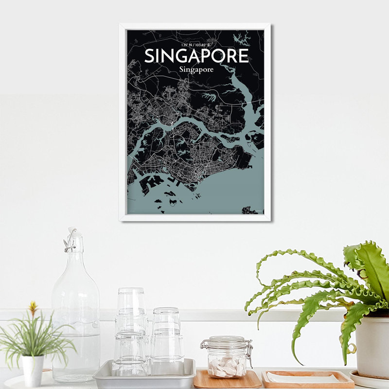 Carte de la ville de Singapour, impression, Gris/noir, H 24 po x l 18 po