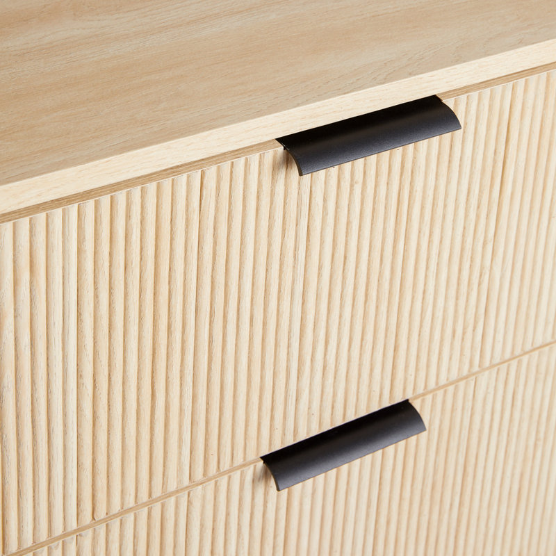 Commode 3 tiroirs Mid-Century avec façades en roseaux, Marron clair