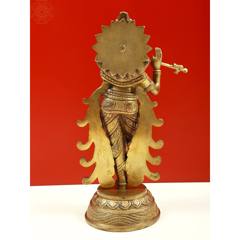 Statue cannelée en laiton de 12 po Krishna - Idole musicale fabriquée à la main par le maître indien Krishna