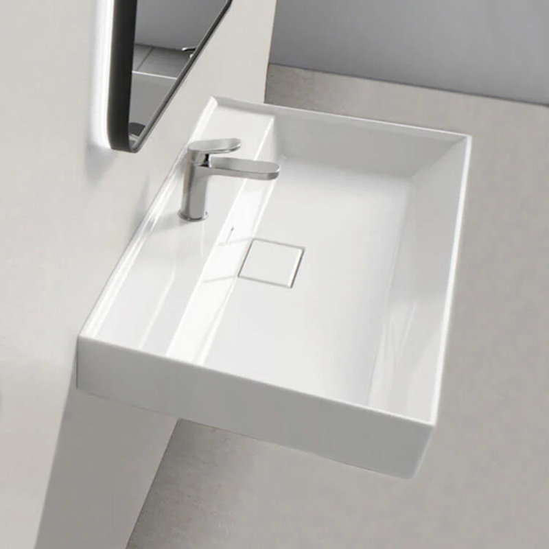Sharp Rectangular White Ceramic Wall-Mounted Sink with Overflow