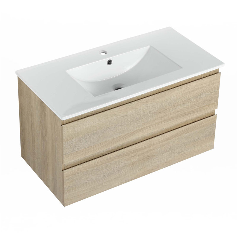 Meuble-lavabo mural avec lavabo en céramique, Chêne clair