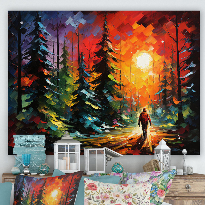 Jaune et vert, coucher de soleil, forêt, merveille - pin, art mural, Toile tendue, H 34 po x l 44 po x P 1,5 po