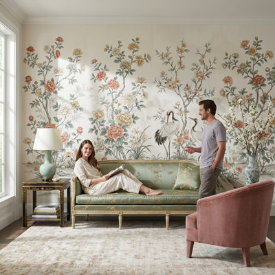 Floral Wallpaper Cranes Oriental Wall Decor