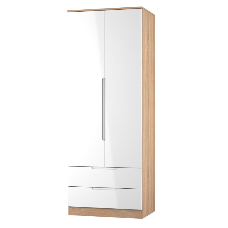 Fully Assembled 2 Door Wardrobe, 197cm H x 74cm W x 53cm D, White/Oak