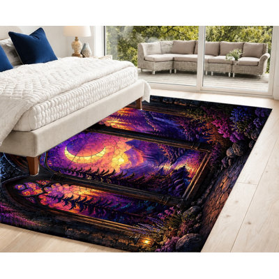 Tapis de fenêtre vitrail, motif de forêt céleste, tapis antidérapant artistique, décoration intérieure unique pour salon, chambre à coucher, salle à manger, bureau, appartement