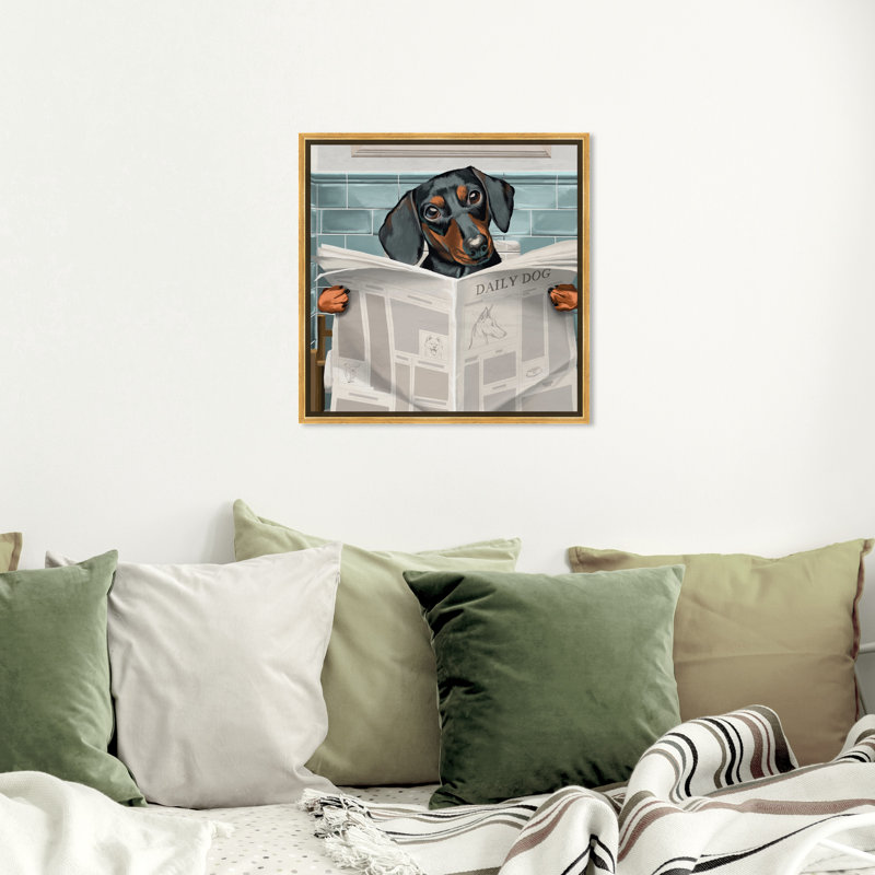 «Occupied Bathroom Doxie - impression d'art graphique, Encadrement doré, H 12 po x l 12 po x P 1,5 po