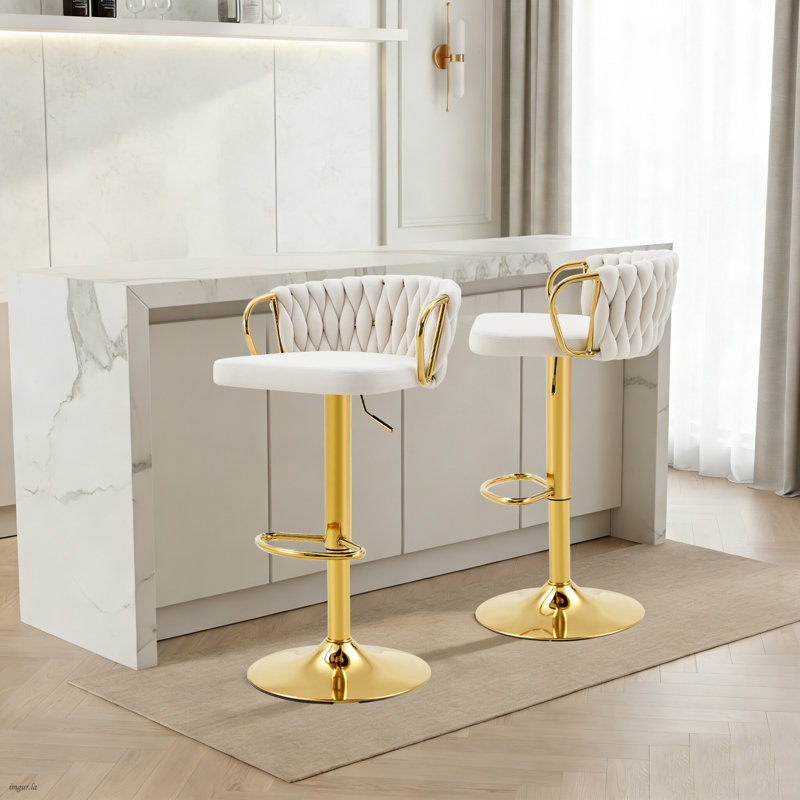 Ensemble de 2 tabourets de bar réglables modernes à hauteur de comptoir avec dossier tissé et base en métal doré pour la cuisine, le bar