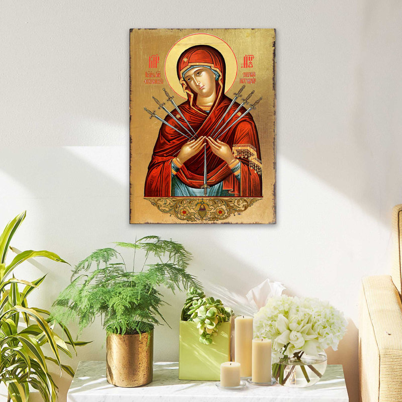 Vierge Marie des sept épées - peinture sur bois, L 9 po x H 12 po
