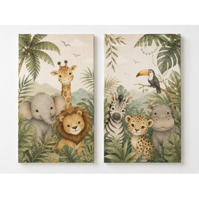 Large Set of 2 Safari Jungle Animal Wall Art for Nursery Bedroom, Neutral Giraffe Lion Zebra Canvas Decor for Baby Boys Girls Room 16x24 Inch Canvas Print - Ready to Hang
