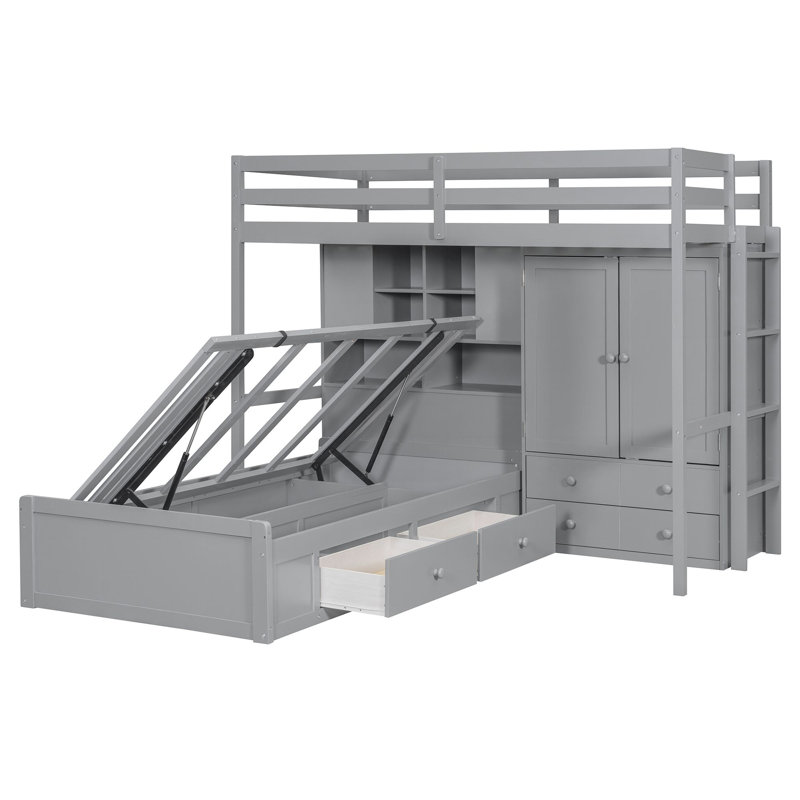 Lit superposé simple avec tiroirs, garde-robe, tablettes de rangement et lit hydraulique, gris, Gris