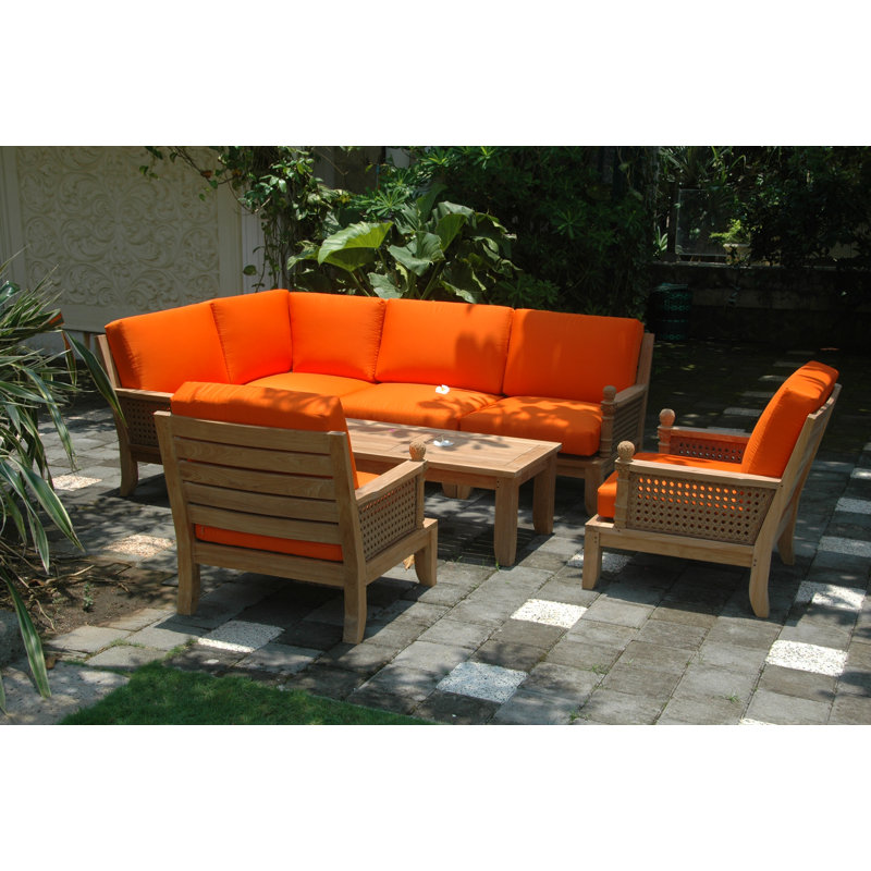 Teak Modular Patio Conversation Set with Sunbrella® Cushions, Table,L-Side,R-side,Middle,Corner, x2 Armchairs