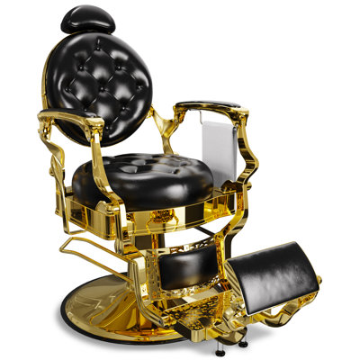  Classic Barber Chair, Retro Reclining Barber Chair With Removable Headrest, Vintage Barber Chair With Heavy-Duty Steel Frame, Comfortable Salon Chair Tattoo Chair, Black And Gold Stylist Chair