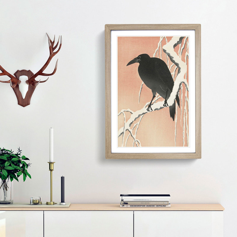 Crow upon a Snowy Branch by Ohara Koson - Picture Frame Painting Print, 65cm H x 48cm W x 2cm D, Oak Framed