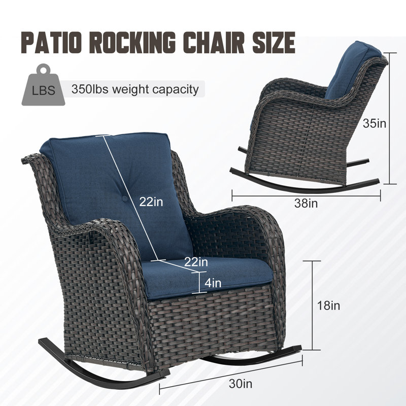 Ensemble de chaises berçantes d'extérieur en rotin PE en osier Wendye, Bleu, Brun