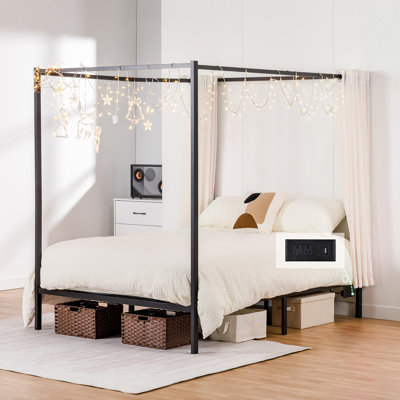 Canopy Bed Frame, Metal Bed Frame With Movable Charging Station, Four-Poster Canopy Bed With Built-In Headboard And Under Bed Storage Space, No Box Spring Needed, Easy Assembly, Black